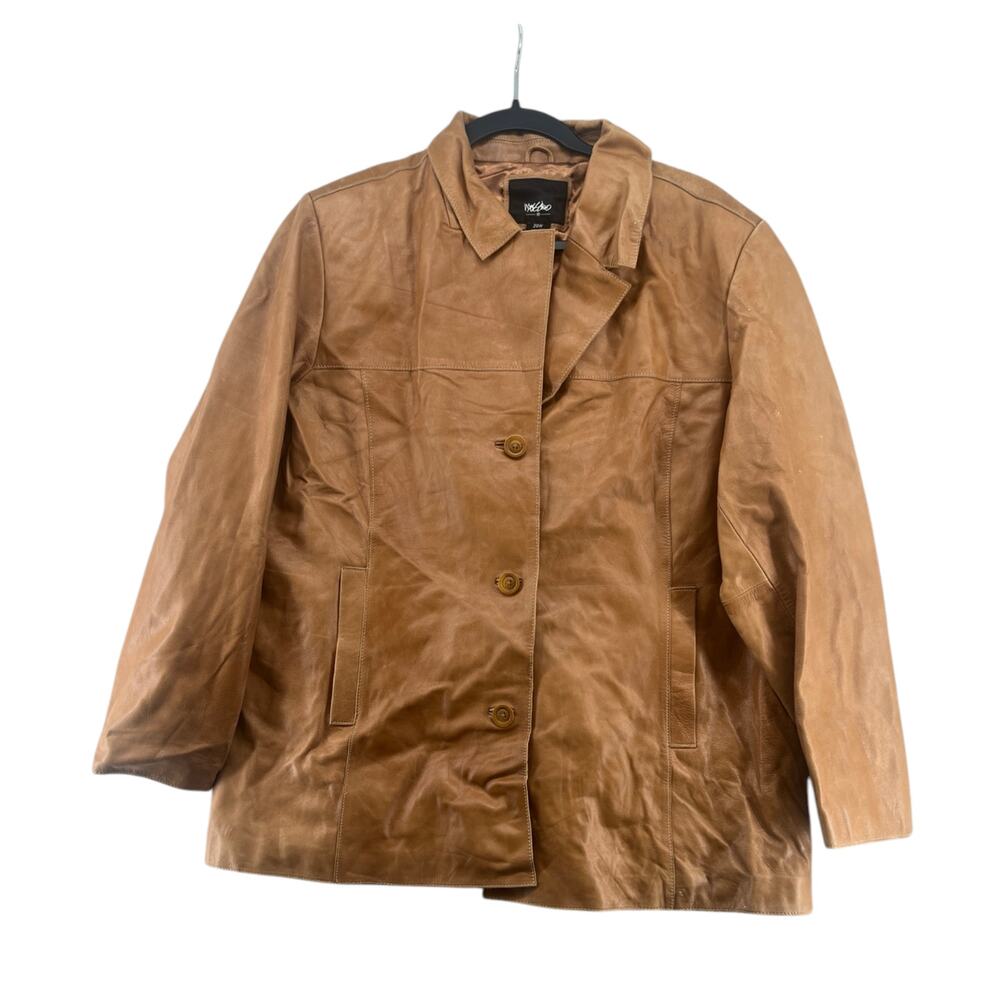 Women’s 20W Genuine Leather Jacket Cognac Brown Plus Size Blazer Coat Y2K - Picture 2 of 6